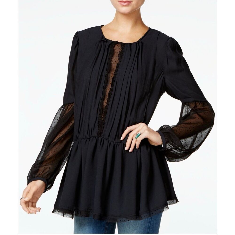 Free People Top Soul Serene Chiffon Long Sleeve Black Large